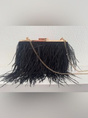 Olga Berg Black Feather Frame Clutch with Gold Chain